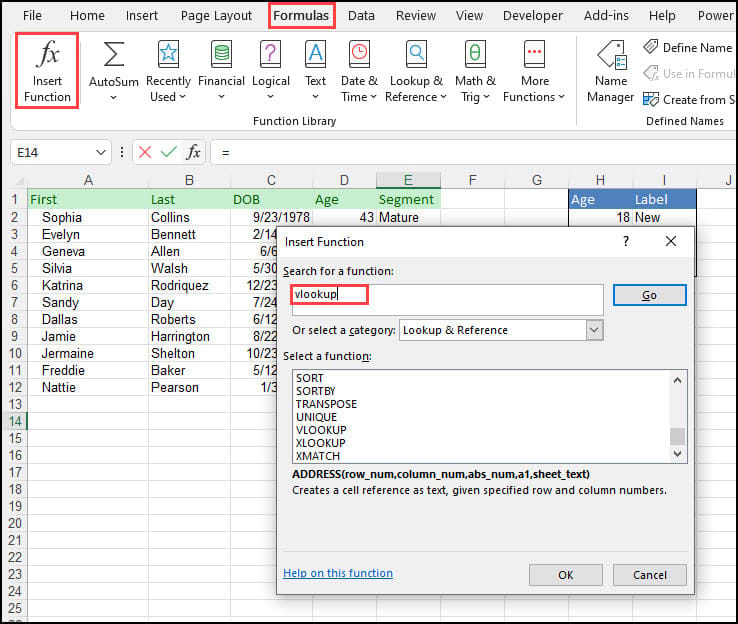 Insert Function dialog searching for VLOOKUP.