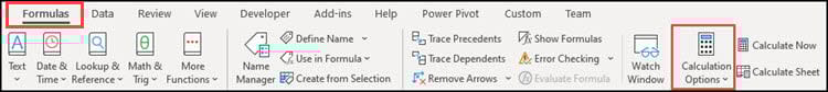 Excel Formula menu with Calculation Options highlighted.