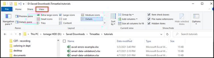 Windows File Explorer with View tab active.