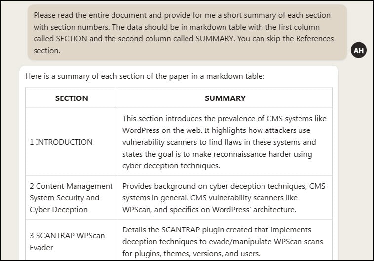 AI prompt example of sections in table format