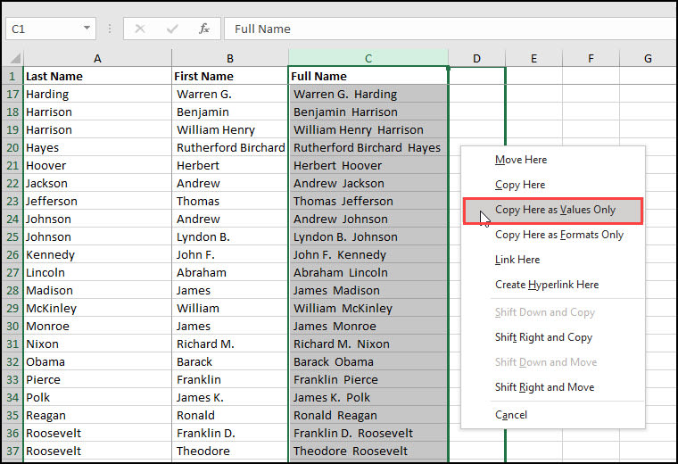 Copy Here as Values Only menu item selected.