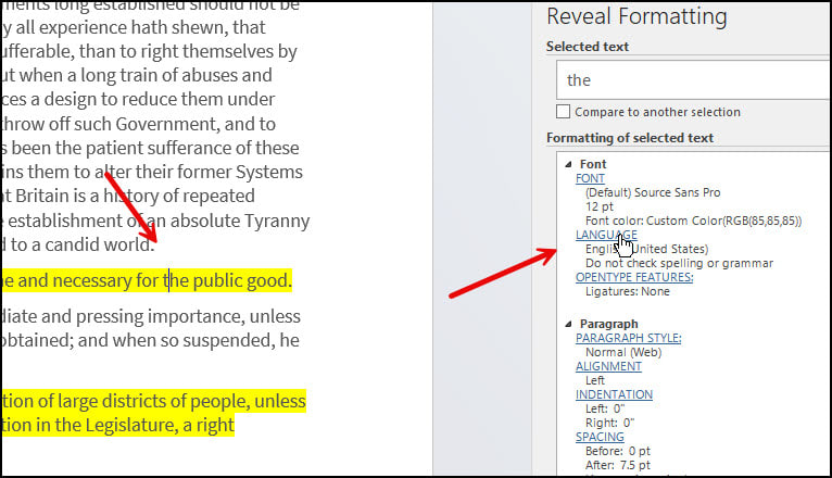 Quickly access Language option for paragraph.