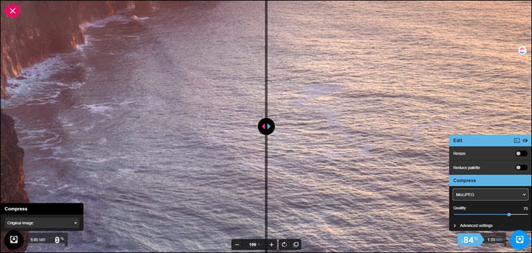 Squoosh test image and result.