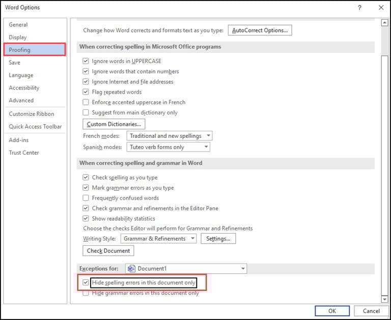 Proofing options dialog with hide errors checked.