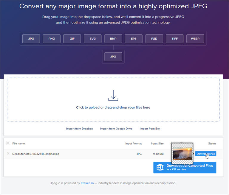 JPEGIO image and results.