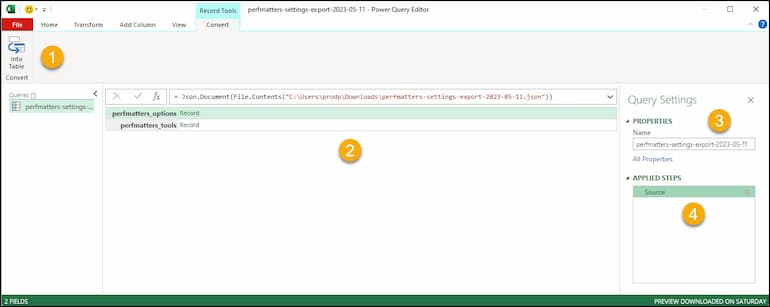 Excel Power Query Editor with section callouts.