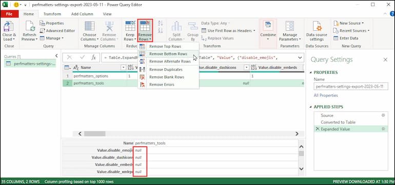 Remove Rows drop-down menu selections.