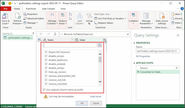 Dialog showing column names and checkboxes.
