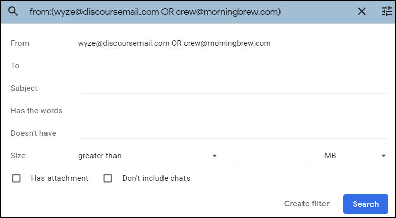 Using search filter dialog before mass delete Gmail.