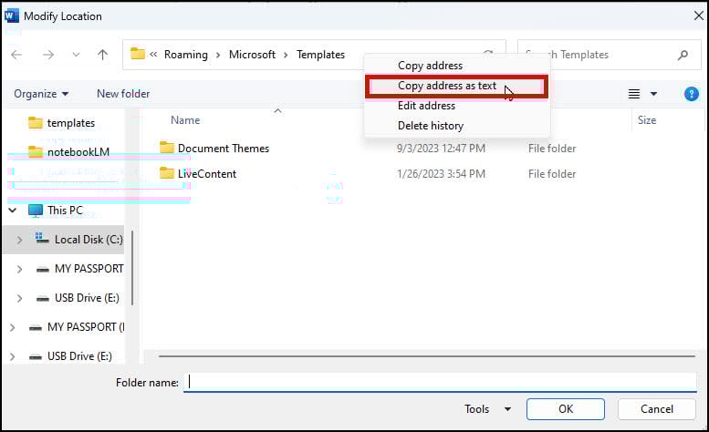 Copying template folder location
