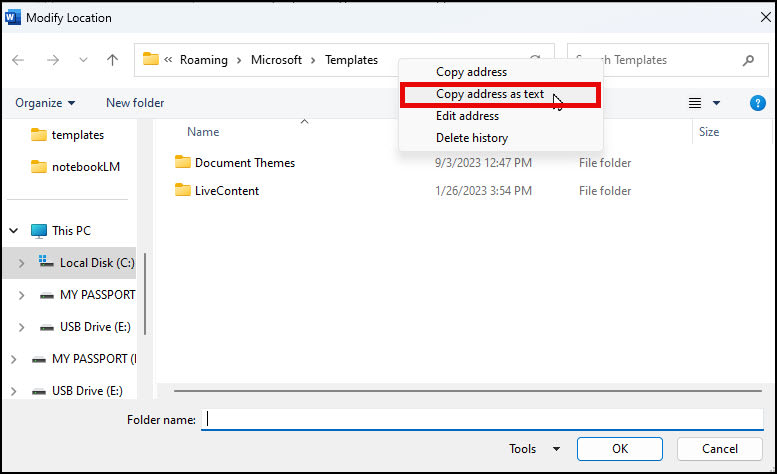 Copying template folder location