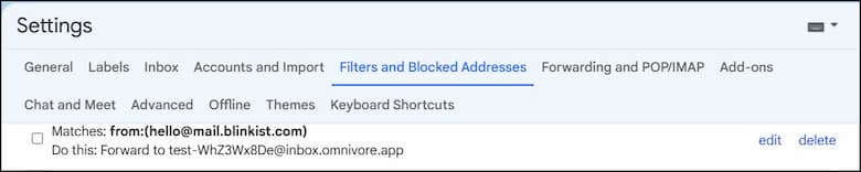 Gmail filter rule with match criteria and address.