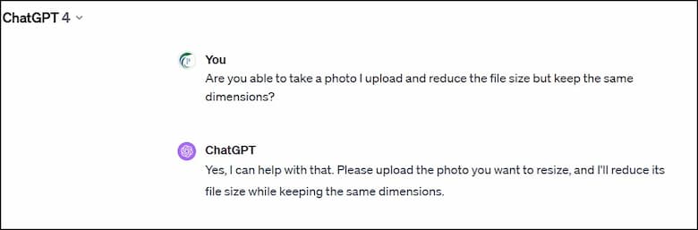 ChatGPT responding to my file size question.