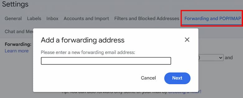 Gmail Forwarding and POP/IMAP panel with Add forwarding address.