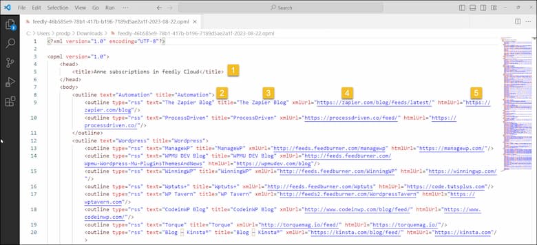 Feedly OPML file format.