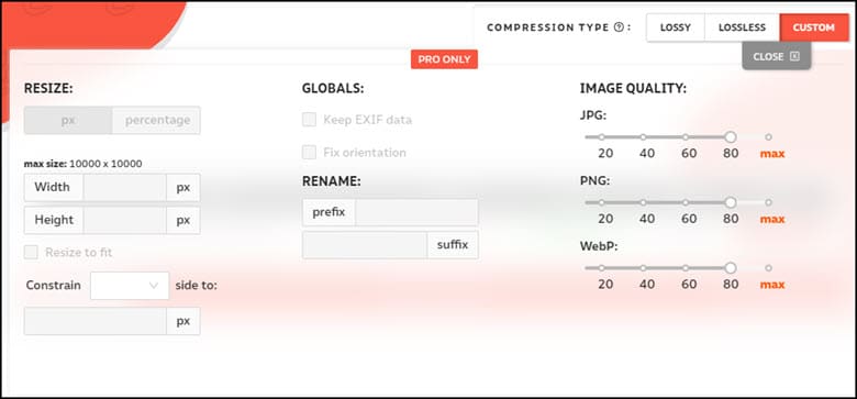 Paid options panel for Compressor.io.