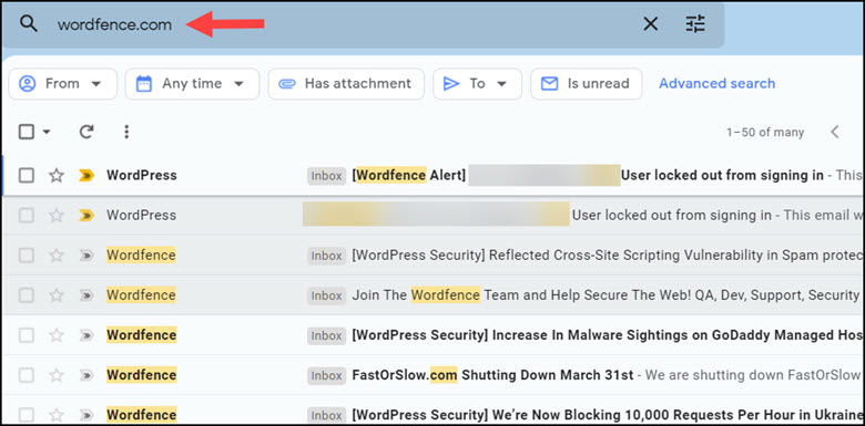 Filtered Gmail by text and additional filters bar.