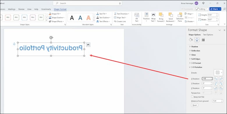 Format Shape panel with X Rotation set.