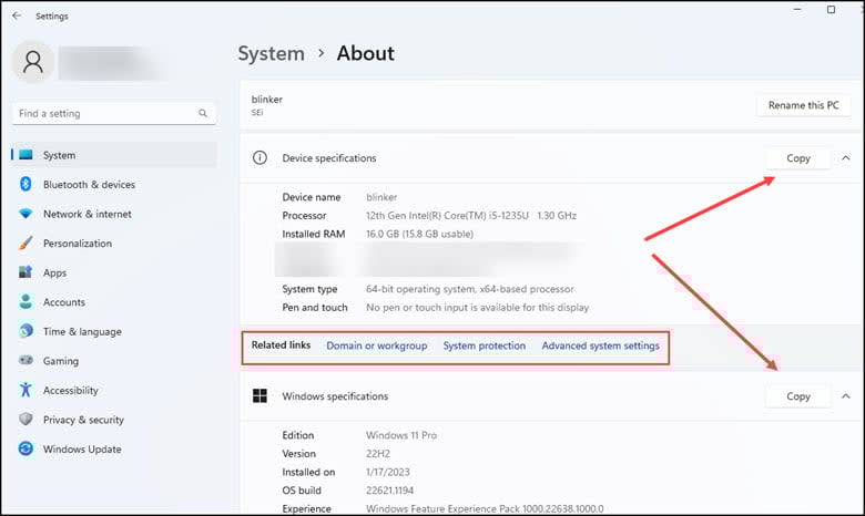 Windows 11 About panel with PC specs and Copy button..