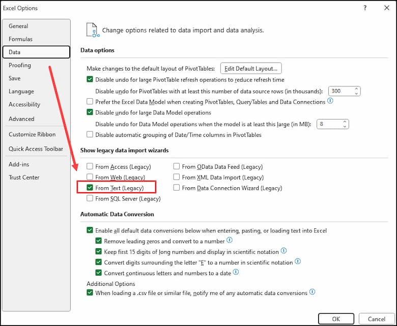 excel-options-dialog Enabling Excel Text Import Wizard under legacy options.