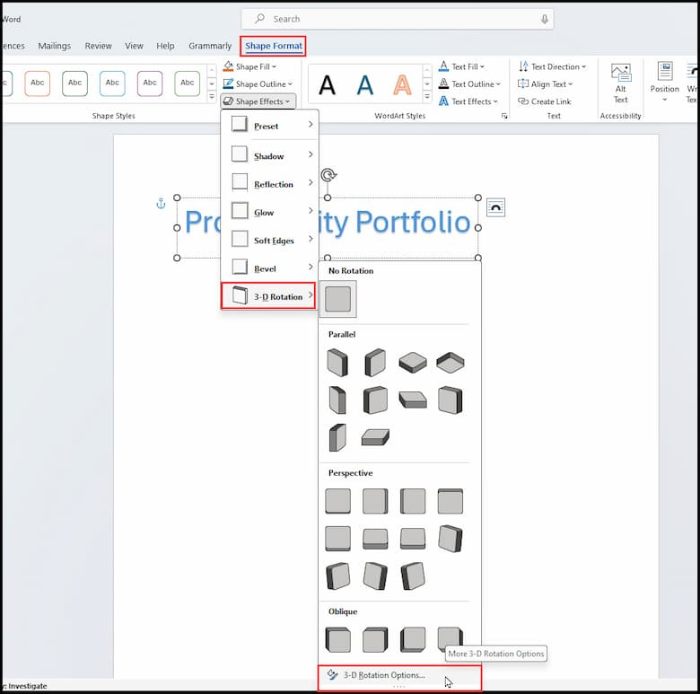 Shape Effects menu and 3-D Rotation options in Word.