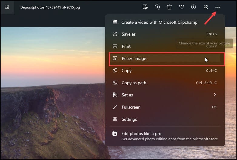 Microsoft Photos more menu options.