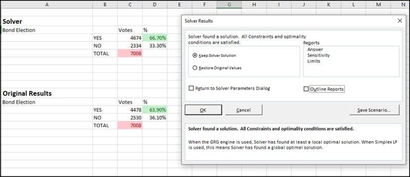 Solver Results dialog box on top of original results.