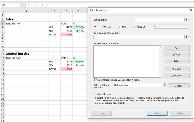 Blank Solver dialog overlaid on practice file.