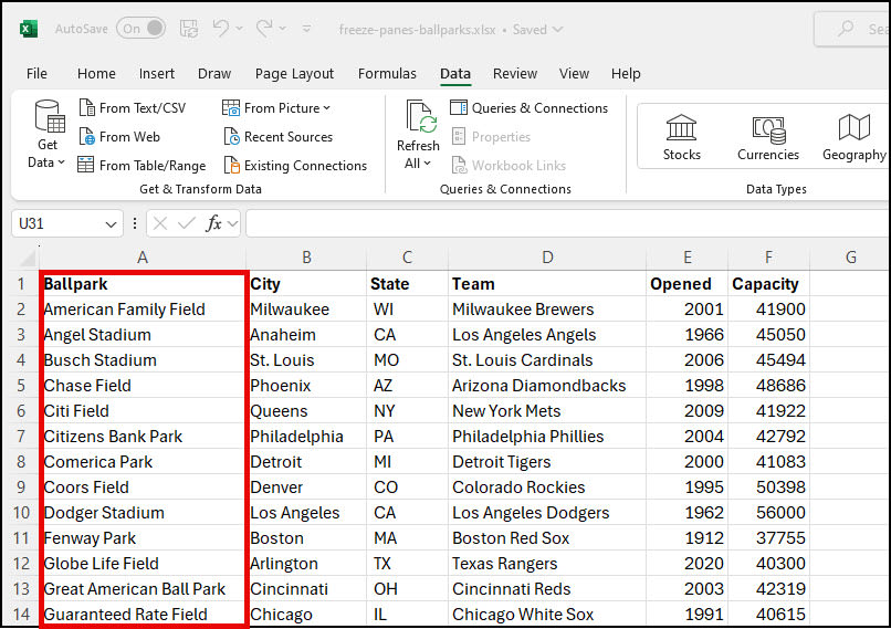 Highlighted area to lock first column.