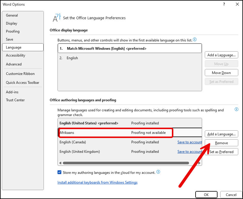 Word Options panel with remove proofing language.