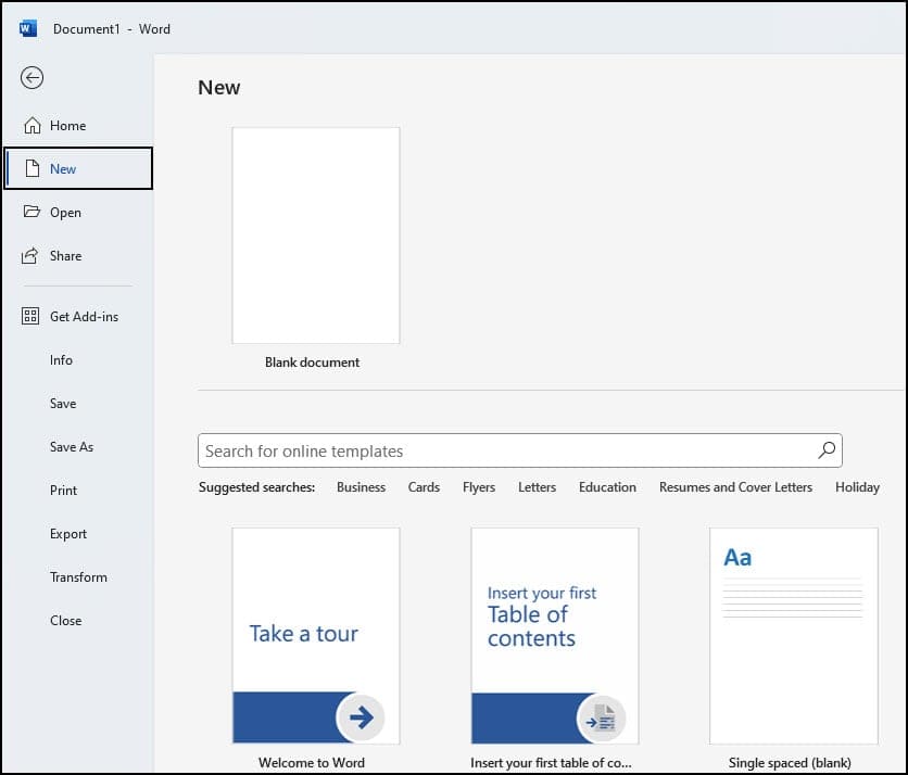 Word with missing Office and Personal tabs.