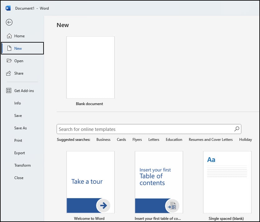 Word with missing Office and Personal tabs.