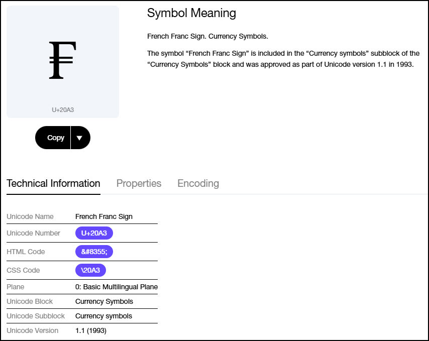 Different symbol representations for French Franc.