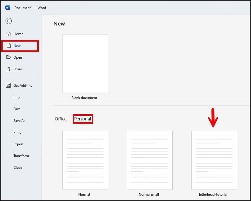 Personal template area in Word.