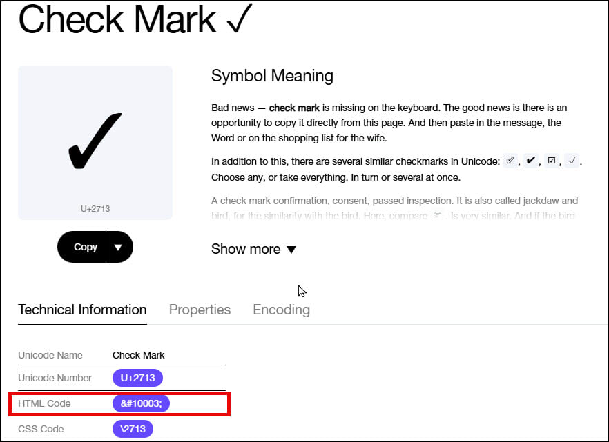 Check Mark symbol with HTML code highlighted.