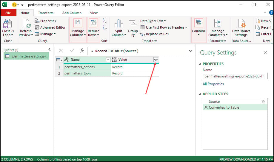 JSON converted to table and arrow to column selections.