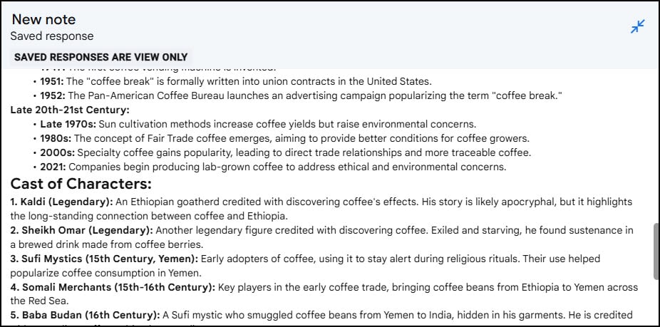 NotebookLM timeline example with Cast of Characters