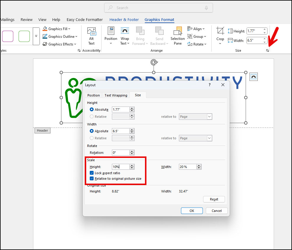 Layout panel with scaling options.