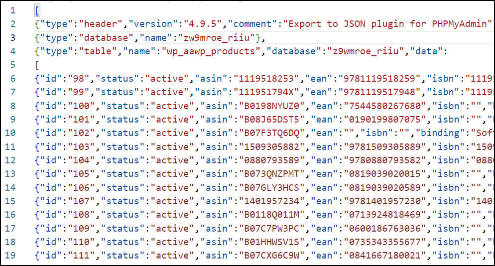 JSON file with a table-like format.