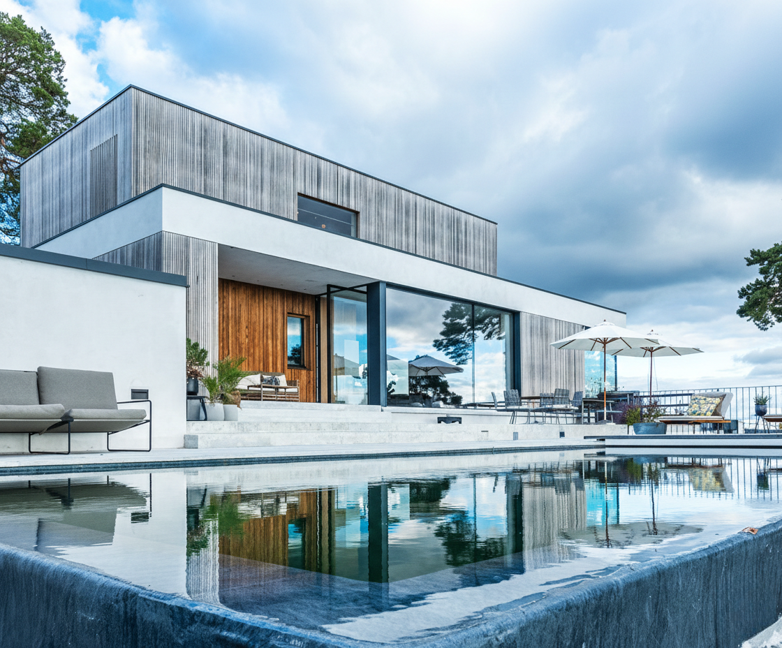 Villa Campbell — modern lakefront villa near Stockholm reflected in its infinity pool