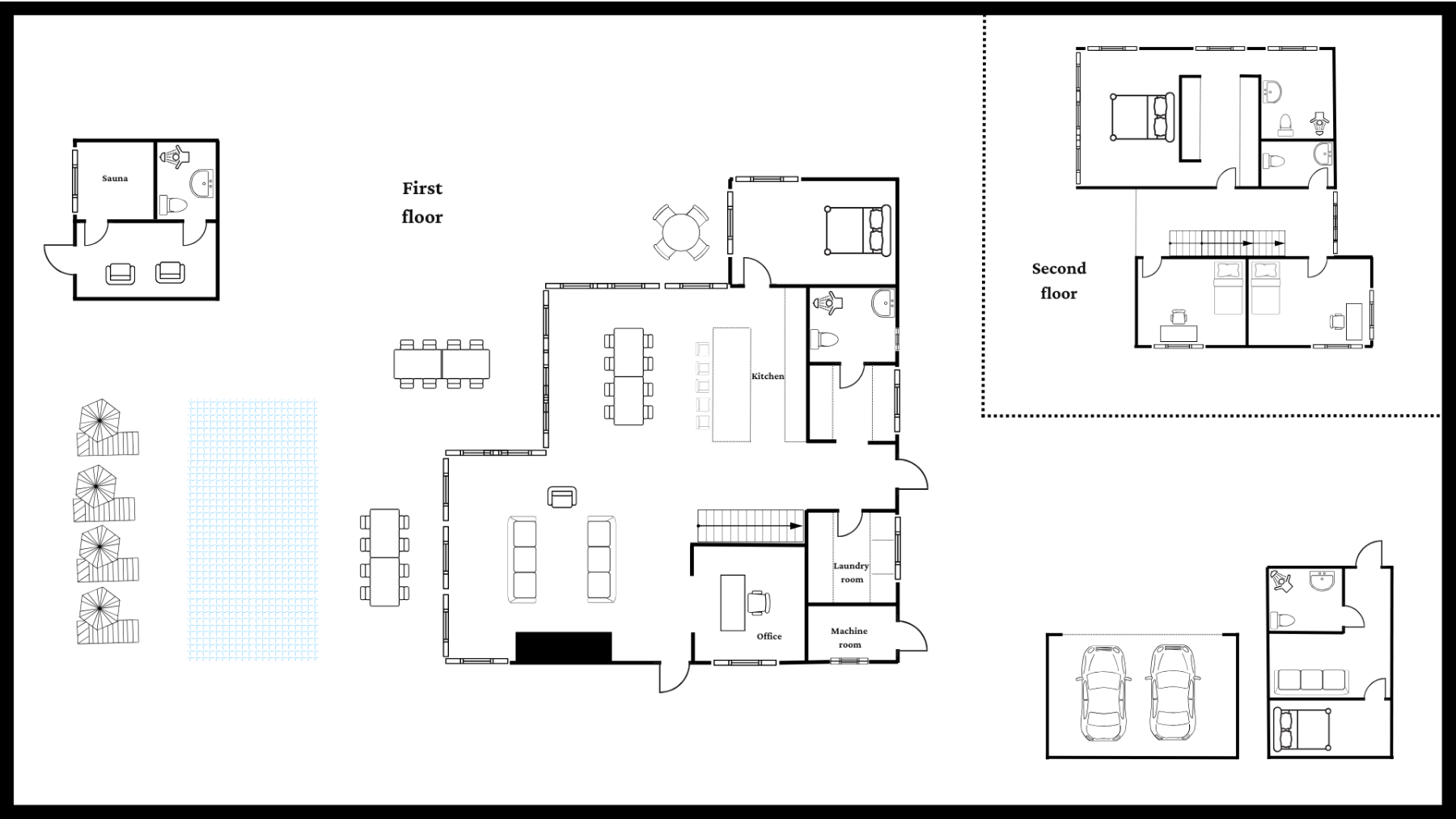 Villa Campbell floor plan — first floor, second floor, sauna building and garage annex