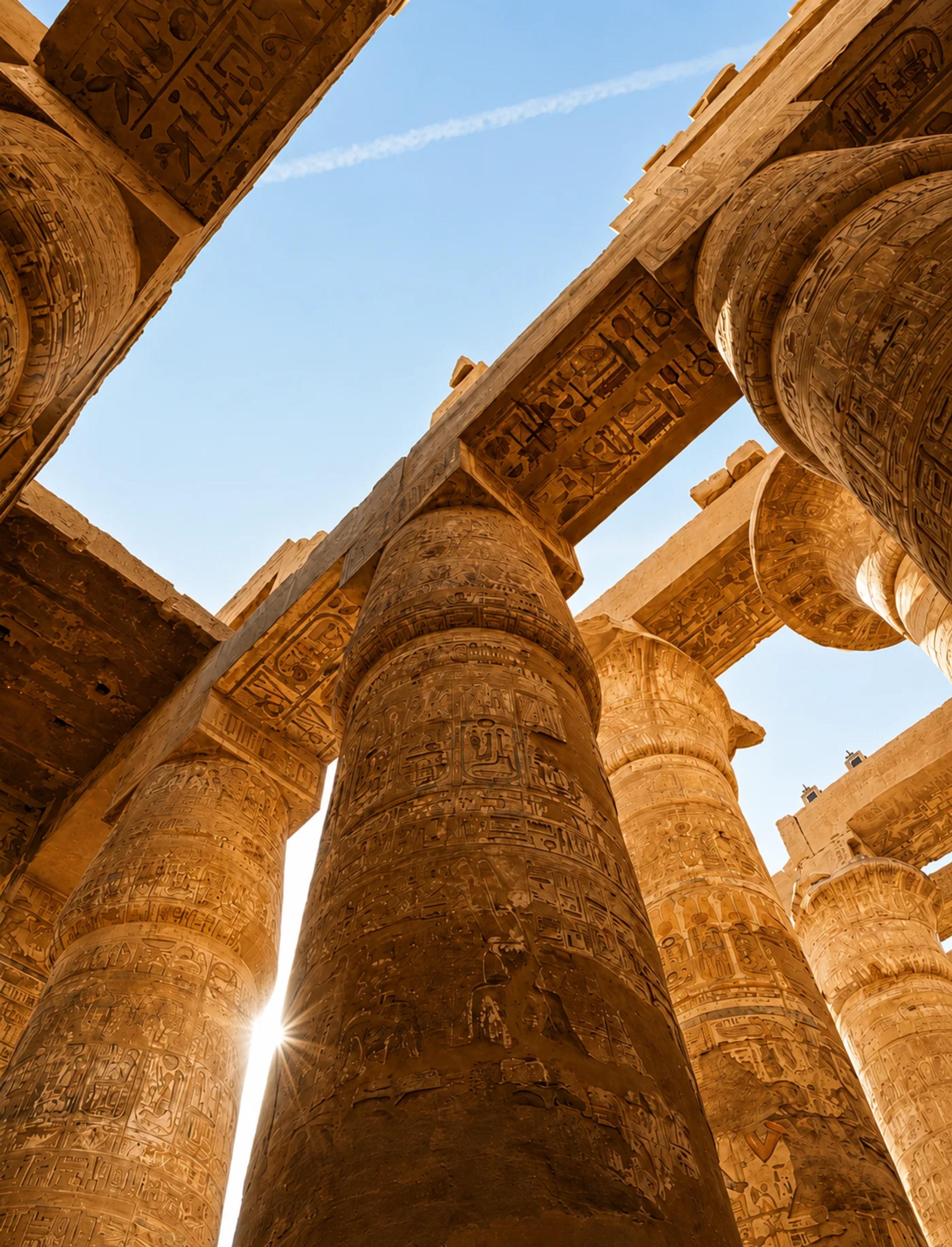 Inside the Hypostyle Hall — the central columns are 21 meters tall. At 6:30 a.m. 