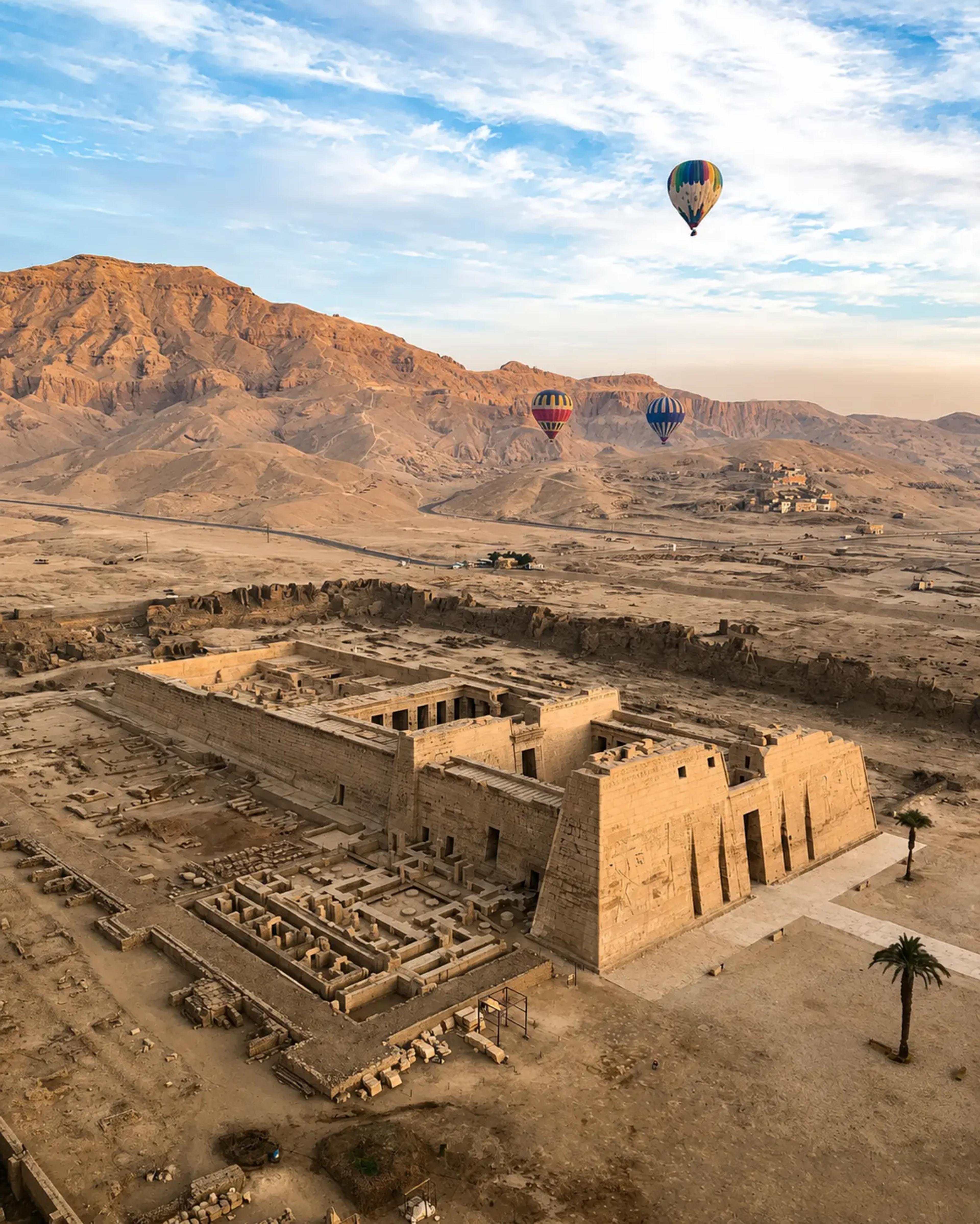 Aerial view of Medinet Habu — the mortuary temple of Ramesses III on the West Bank of Luxor — with its massive pylons and hypostyle hall in the foreground and three hot-air balloons drifting over the Theban hills behind.