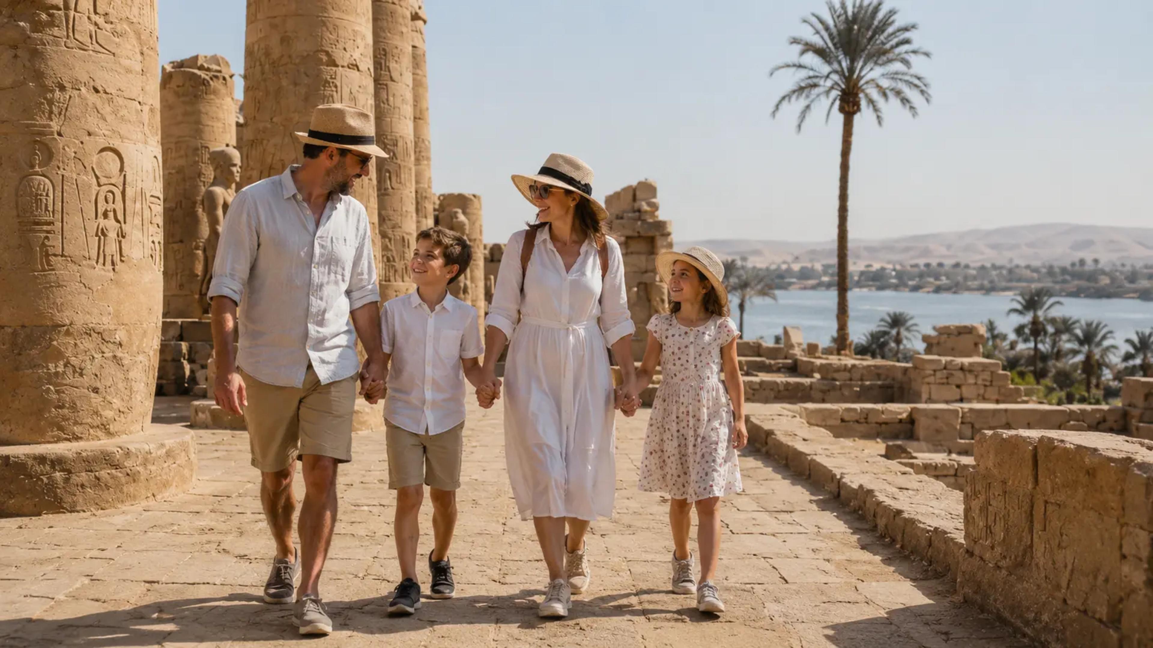 Family of four — parents and two children, all in light summer clothes and straw sun hats — walking hand in hand through a hieroglyph-carved colonnade at a Luxor temple, with the Nile and a date palm visible beyond.