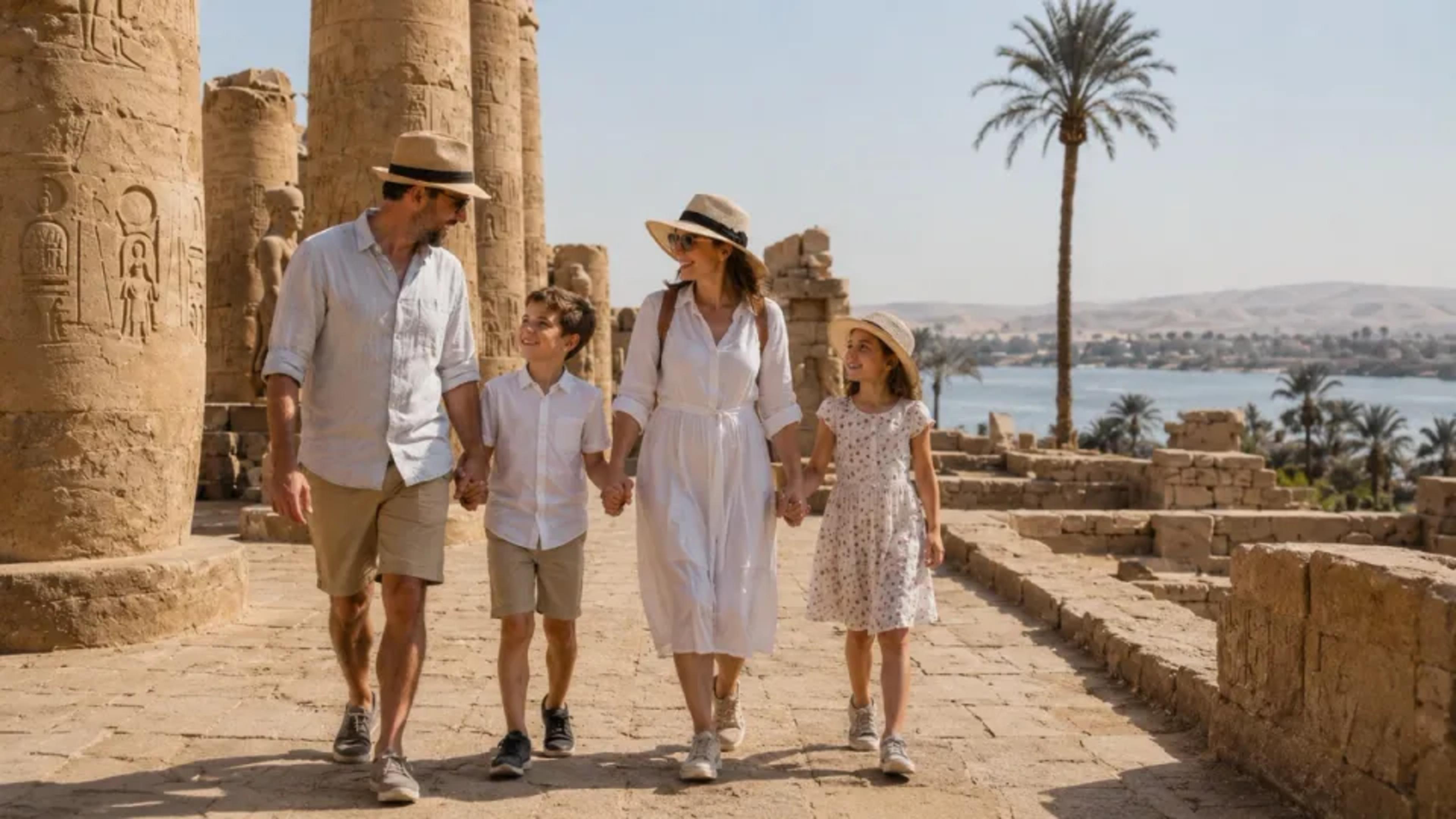 Family of four — parents and two children, all in light summer clothes and straw sun hats — walking hand in hand through a hieroglyph-carved colonnade at a Luxor temple, with the Nile and a date palm visible beyond.