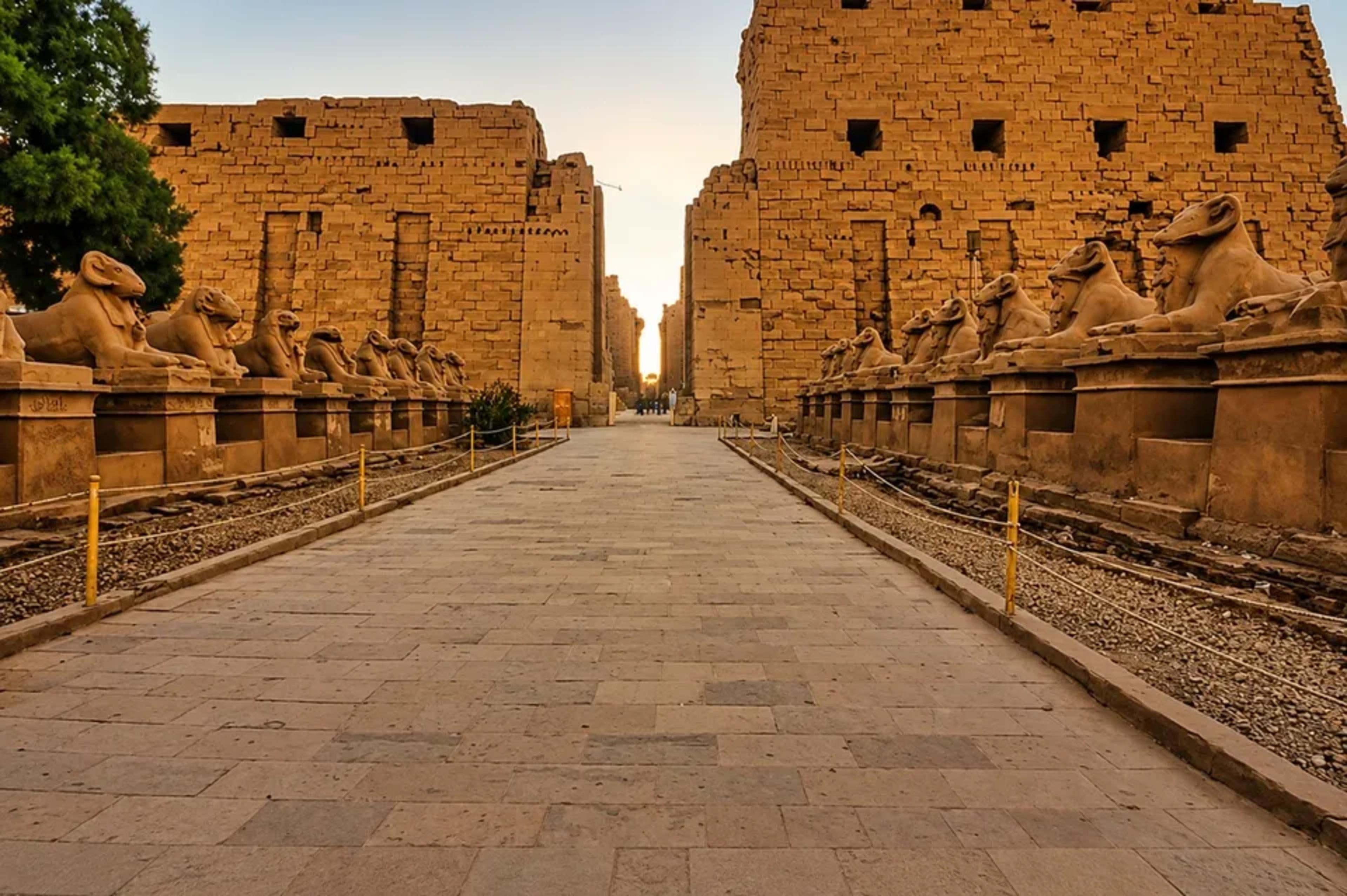 Avenue of ram-headed sphinxes leading to the first pylon of Karnak Temple at sunrise, the paved processional way flanked by two rows of ram statues on plinths and the massive sandstone pylon glowing gold in the early light.