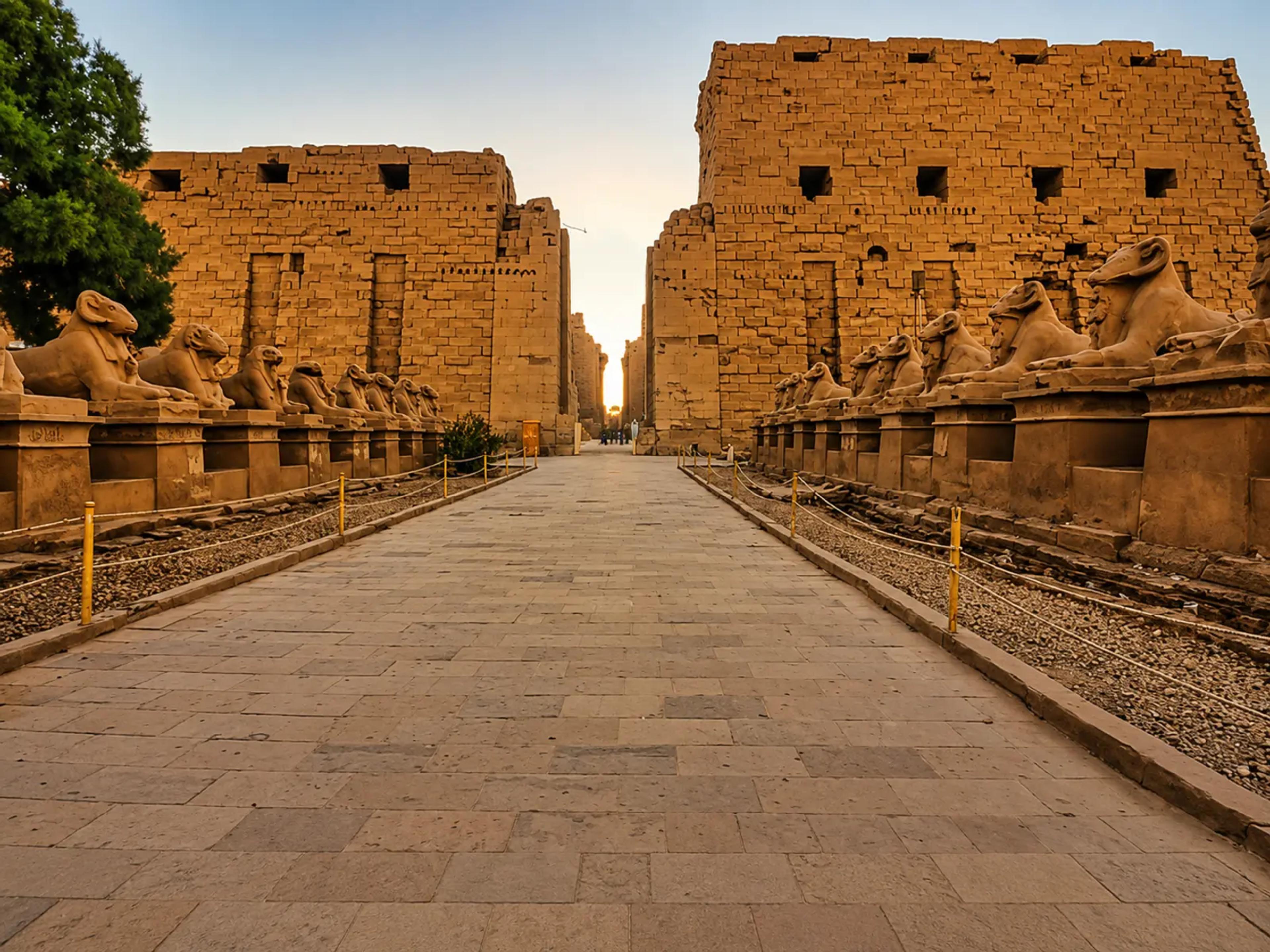 Avenue of ram-headed sphinxes leading to the first pylon of Karnak Temple at sunrise, the paved processional way flanked by two rows of ram statues on plinths and the massive sandstone pylon glowing gold in the early light.