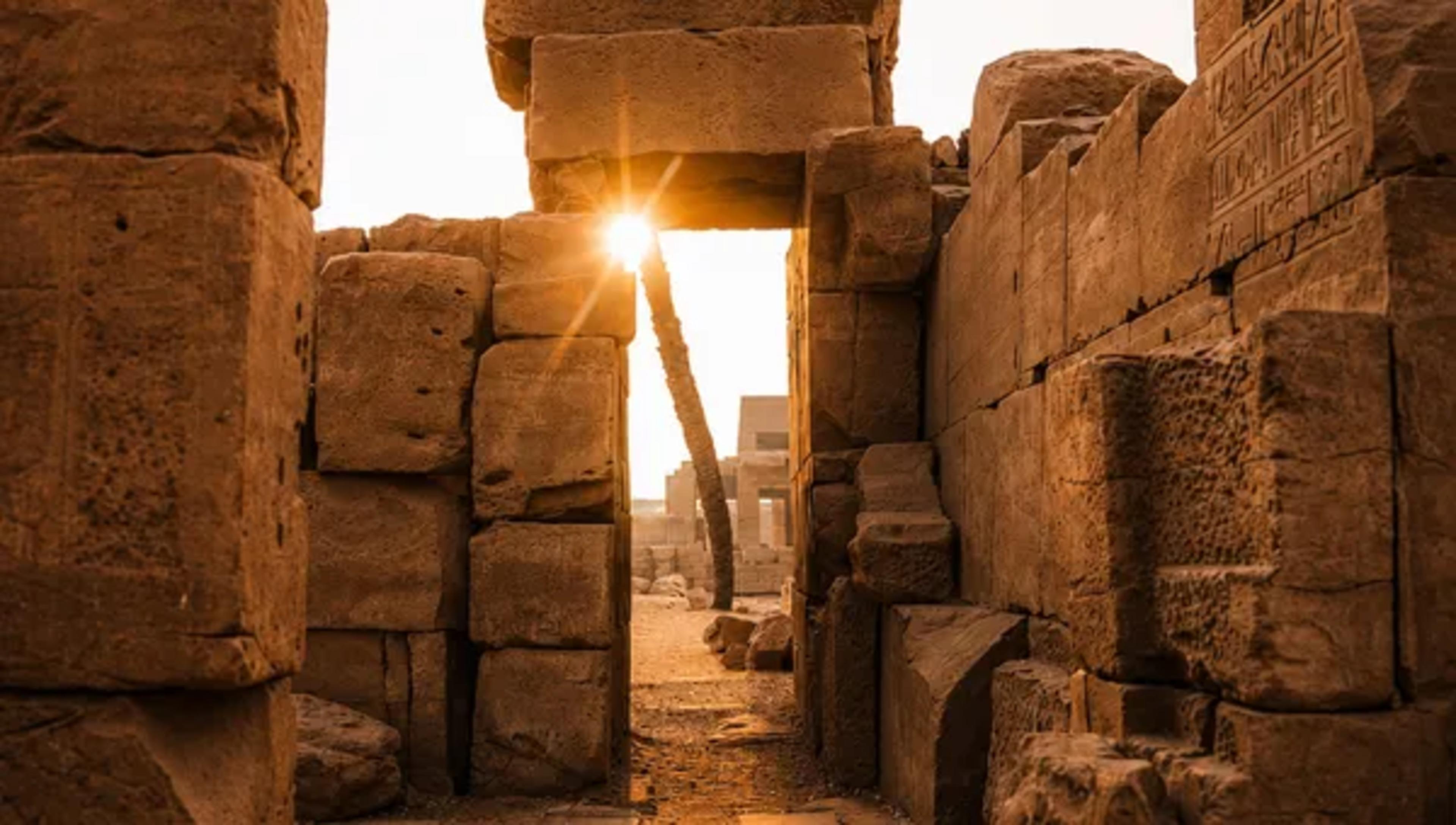 Sun streaming through a low stone doorway between massive sandstone blocks at Karnak Temple, with hieroglyph-carved walls flanking a paved path and two date palms framing the gap at golden hour.