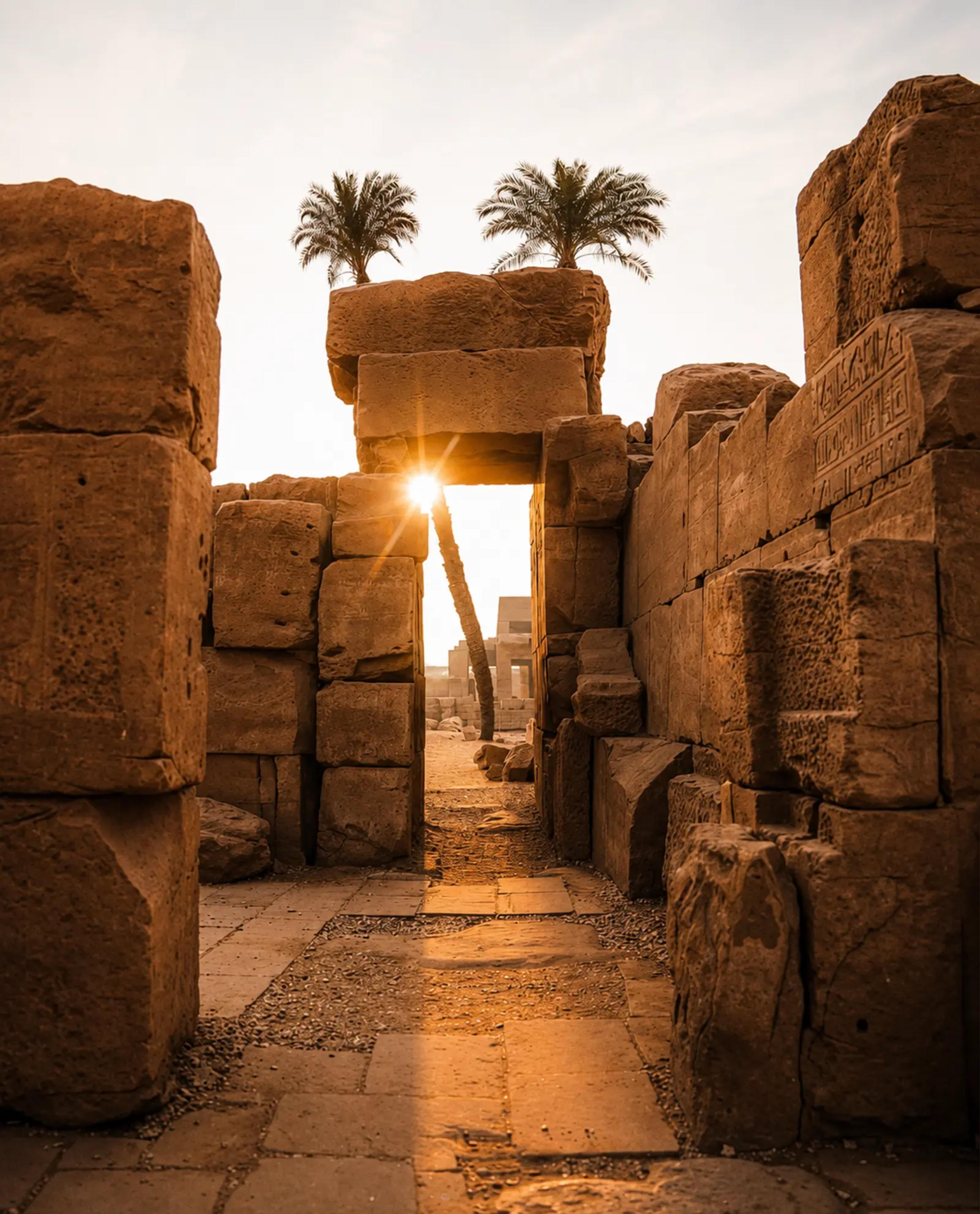 Sun streaming through a low stone doorway between massive sandstone blocks at Karnak Temple, with hieroglyph-carved walls flanking a paved path and two date palms framing the gap at golden hour.