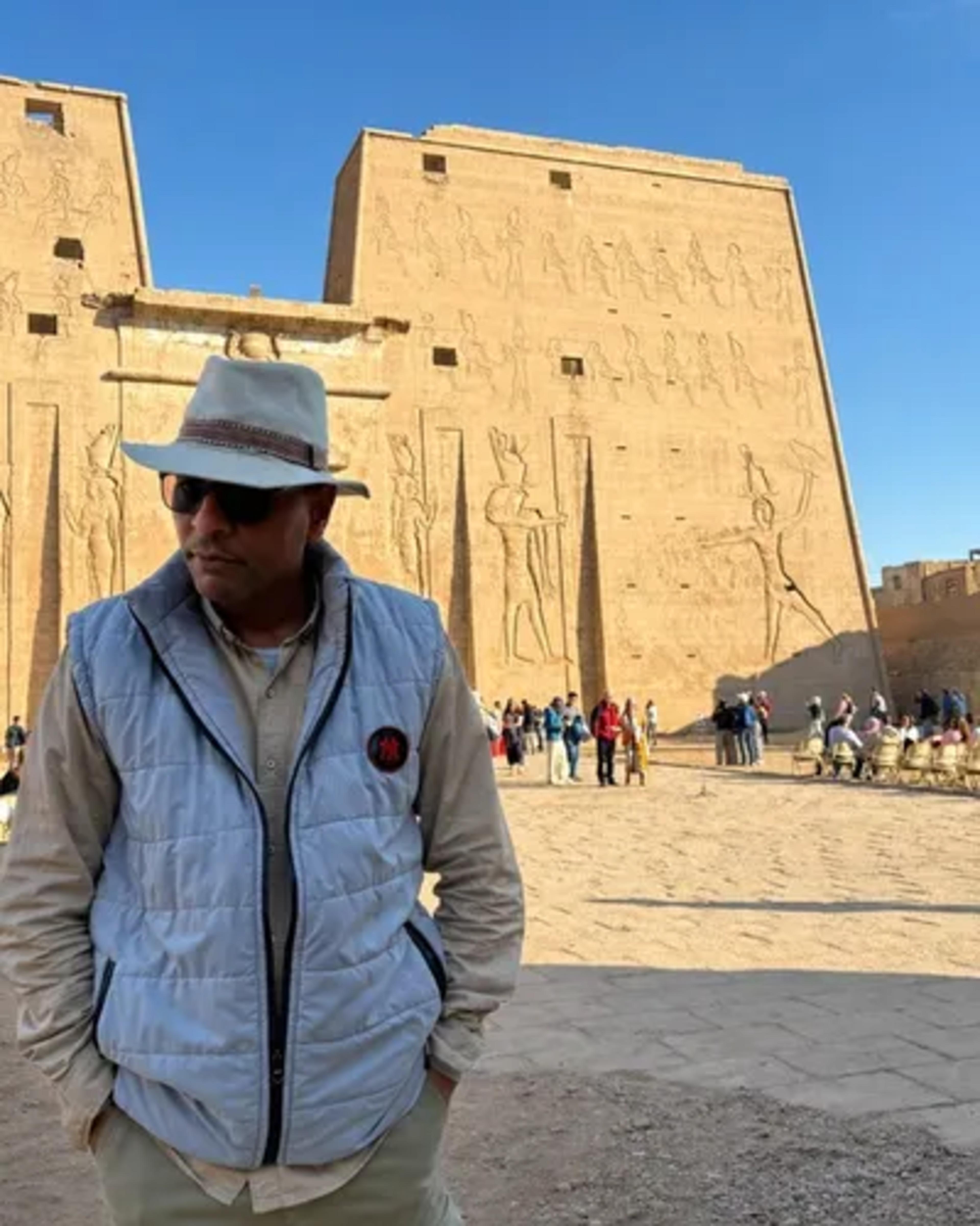 Youssef Hussain at the pylon of the Temple of Edfu, Upper Egypt
